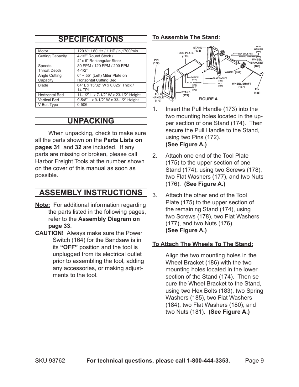 Specifications, Unpacking, Assembly instructions | Harbor Freight Tools METAL CUTTING BANDSAW 93762 User Manual | Page 9 / 29