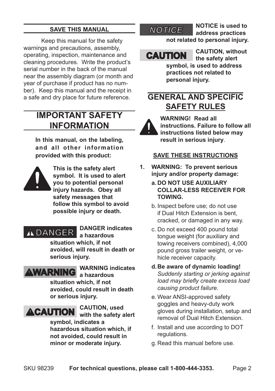 Important safety information, General and specific safety rules | Harbor Freight Tools 98239 User Manual | Page 2 / 5