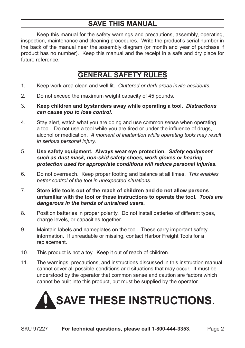 Save these instructions, Save this manual, General safety rules | Harbor Freight Tools HAND-HELD DIGITAL SCALE 97227 User Manual | Page 2 / 4