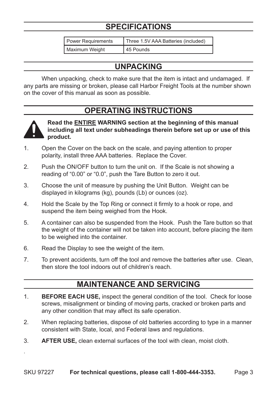 Specifications, Unpacking, Operating instructions | Maintenance and servicing | Harbor Freight Tools HAND-HELD DIGITAL SCALE 97227 User Manual | Page 3 / 4