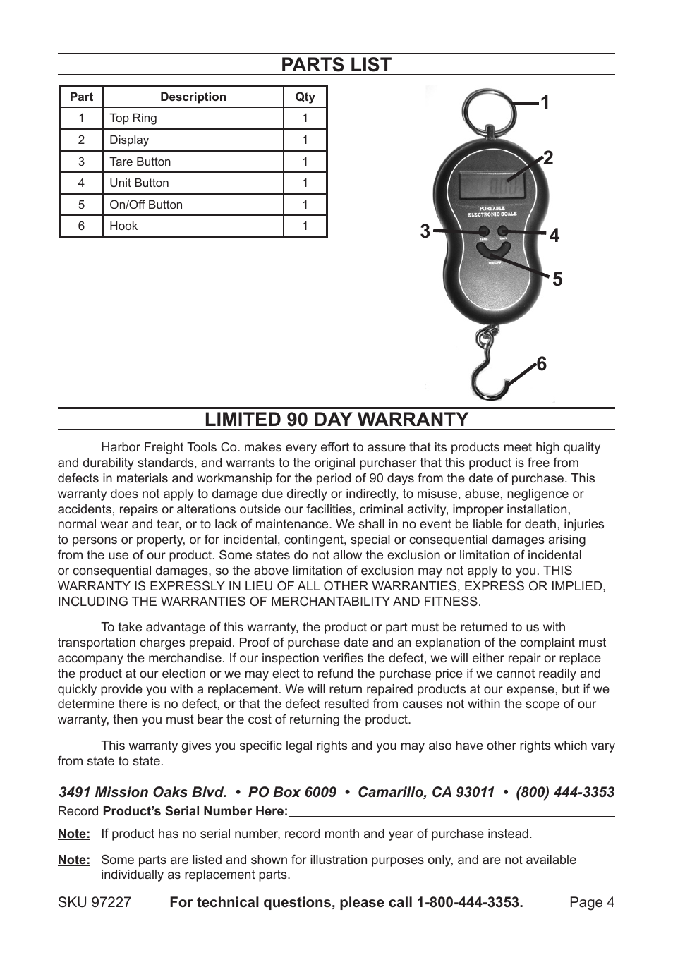 Parts list, Limited 90 day warranty | Harbor Freight Tools HAND-HELD DIGITAL SCALE 97227 User Manual | Page 4 / 4