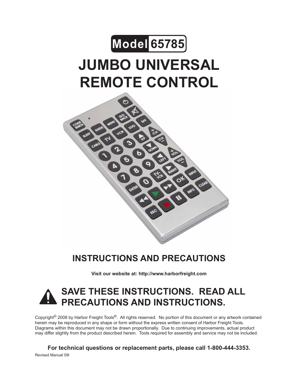 Harbor Freight Tools Jumbo Universal Remote Control 65785 User Manual | 13 pages