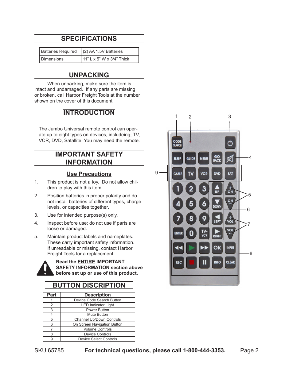 Specifications, Unpacking, Introduction | Important safety information, Button discription | Harbor Freight Tools Jumbo Universal Remote Control 65785 User Manual | Page 2 / 13