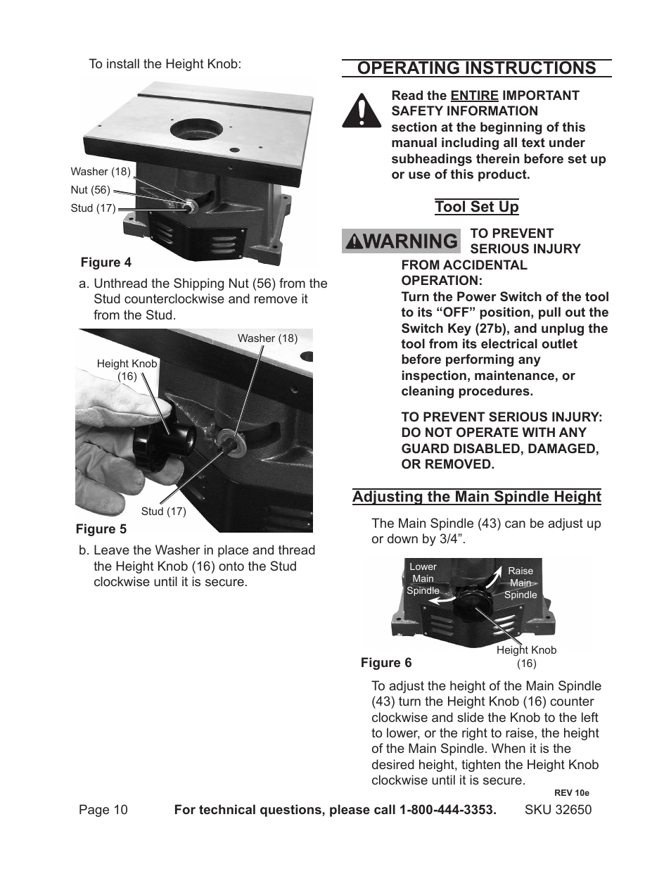 Operating instructions, Tool set up, Adjusting the main spindle height | Harbor Freight Tools 32650 User Manual | Page 10 / 26