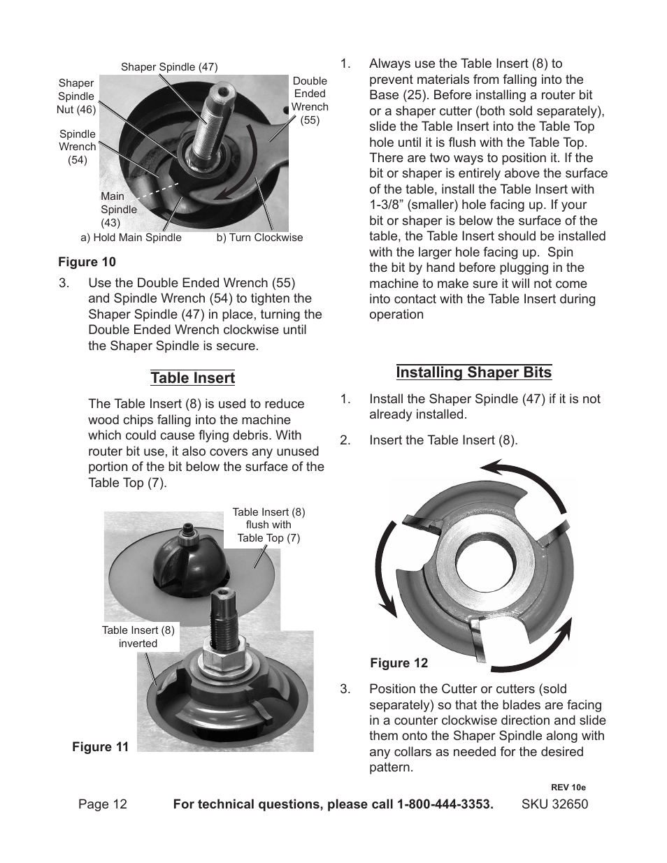 Table insert, Installing shaper bits | Harbor Freight Tools 32650 User Manual | Page 12 / 26