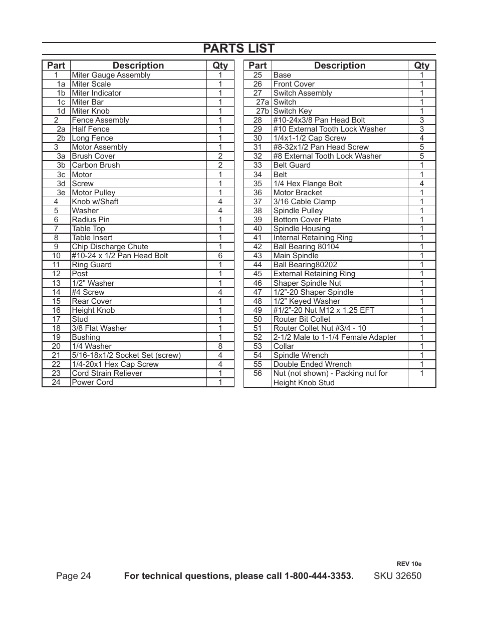 Parts list | Harbor Freight Tools 32650 User Manual | Page 24 / 26