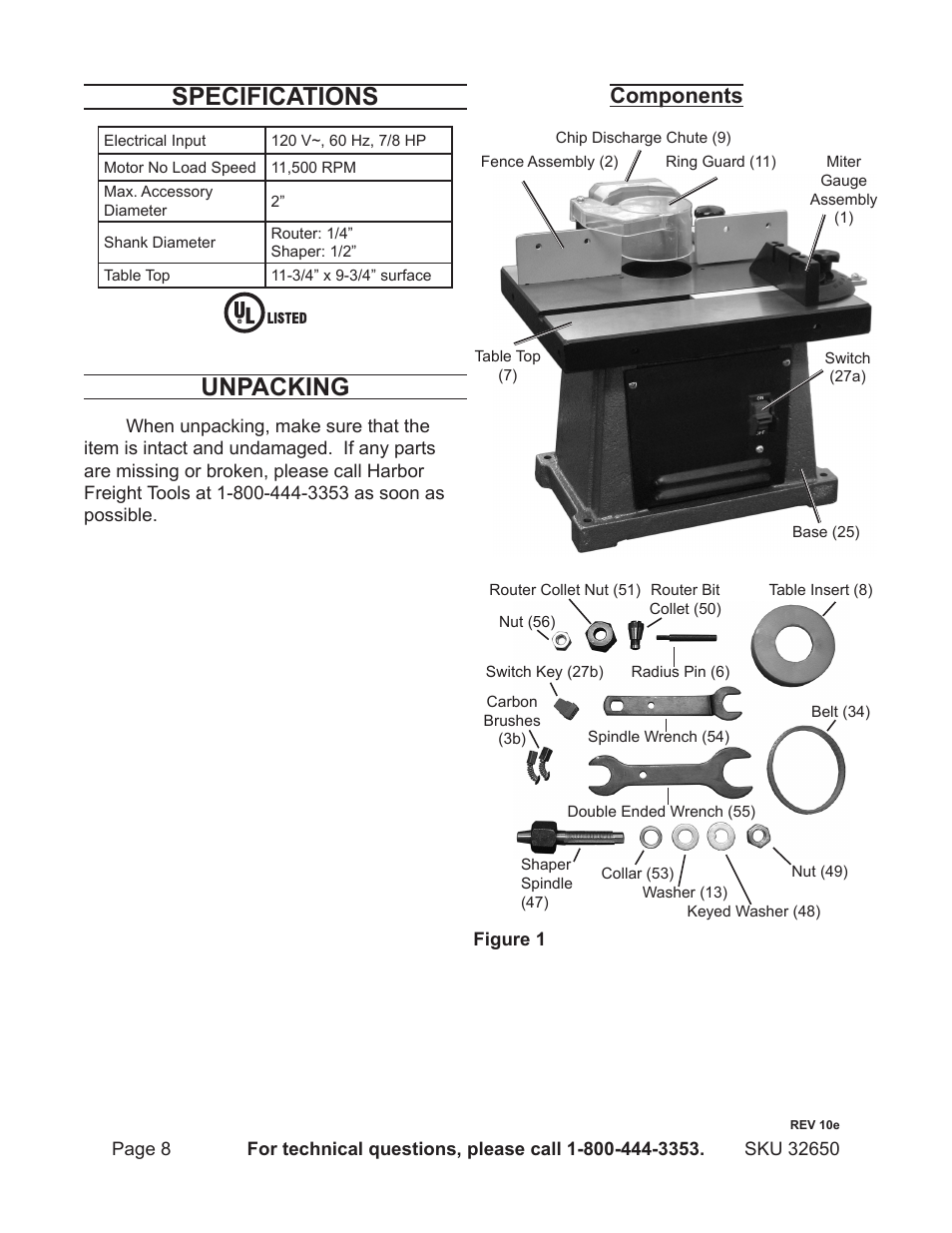 Specifications, Unpacking, Components | Harbor Freight Tools 32650 User Manual | Page 8 / 26