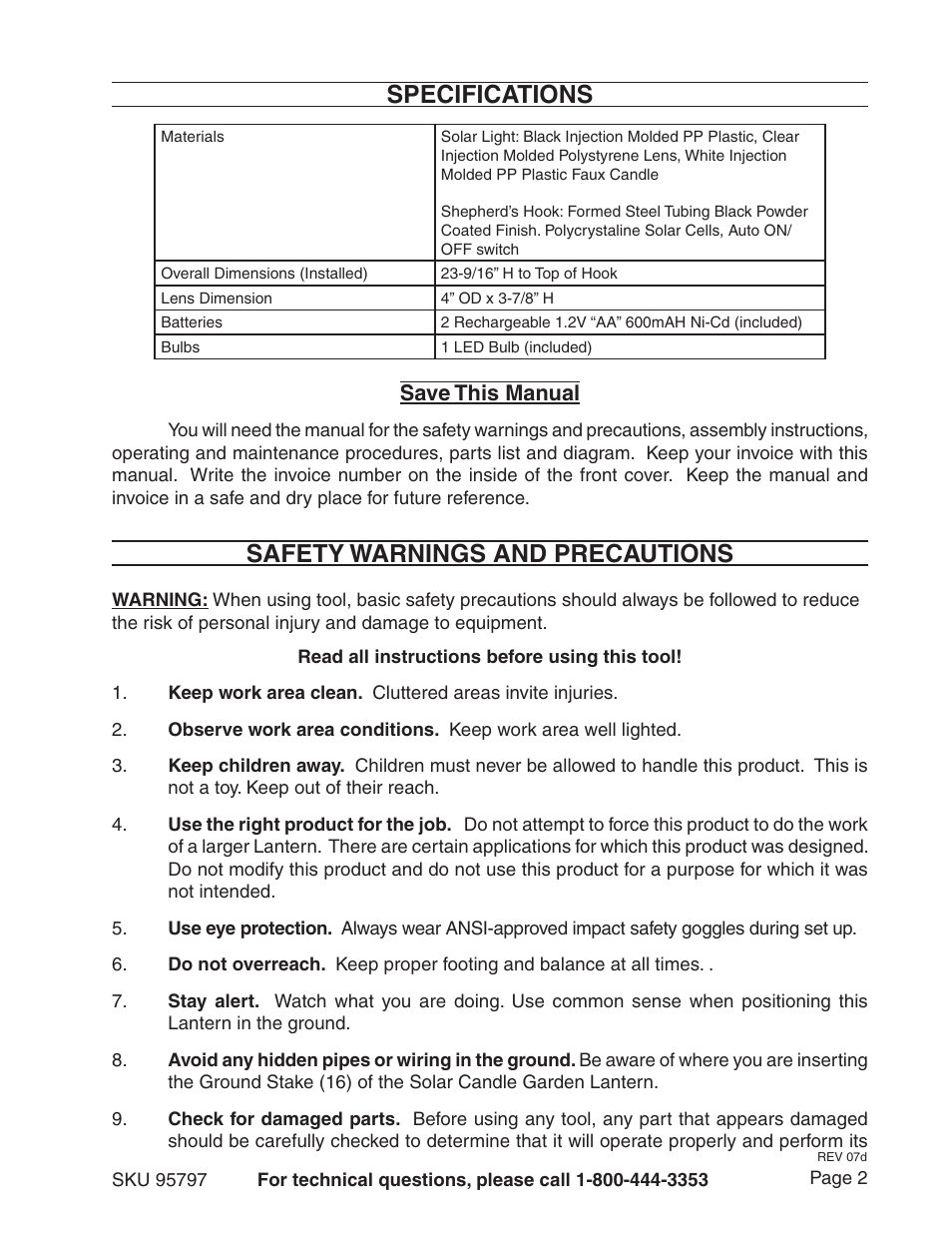 Specifications, Safety warnings and precautions, Save this manual | Harbor Freight Tools 95797 User Manual | Page 2 / 7