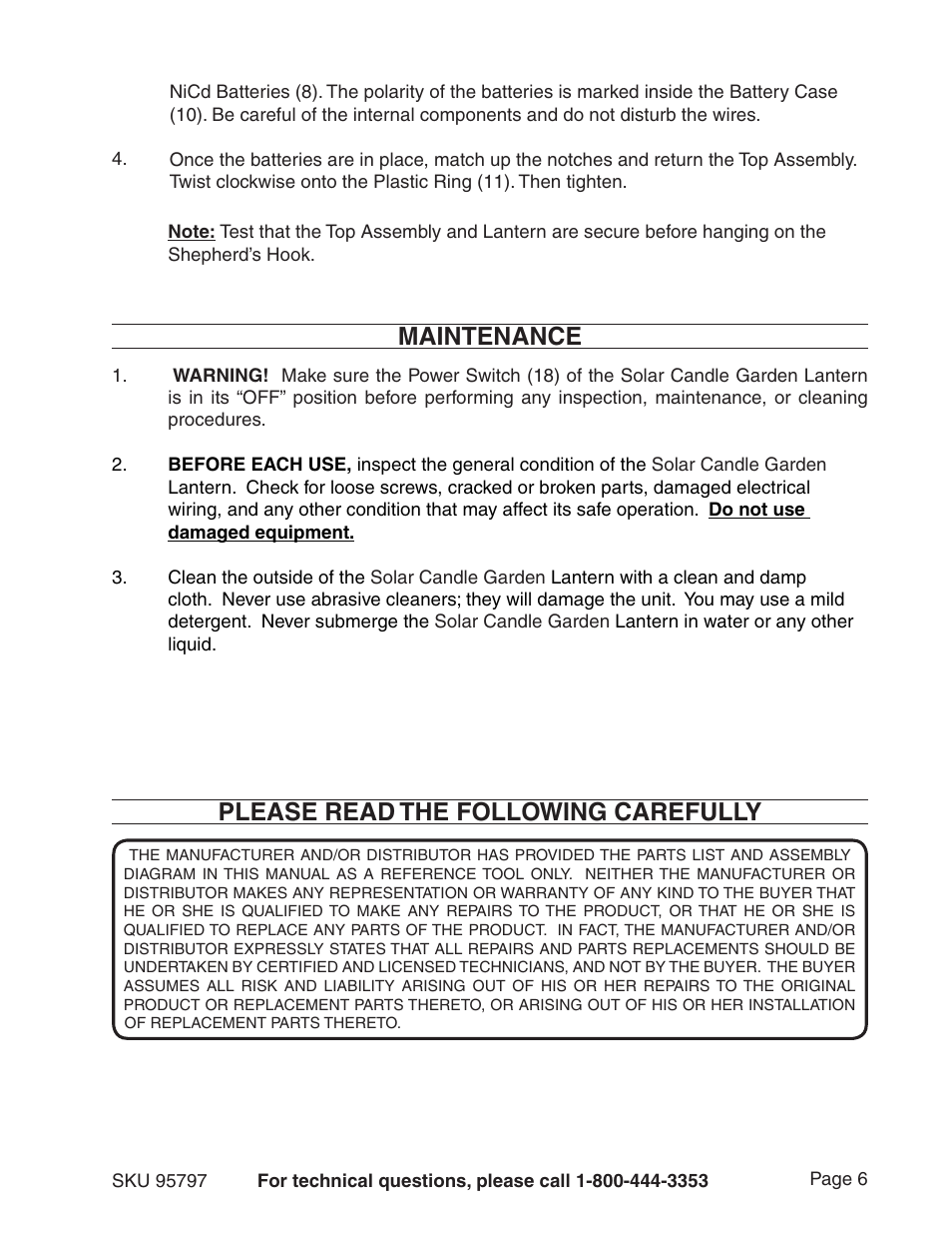 Maintenance, Please read the following carefully | Harbor Freight Tools 95797 User Manual | Page 6 / 7