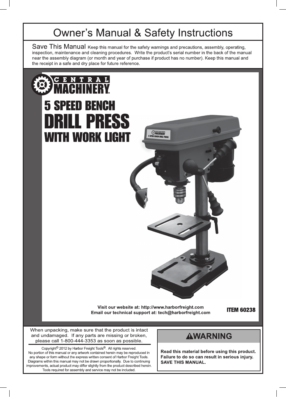 Harbor Freight Tools Central Machinery 5 Speed Bench Drill Press with Work Light 60238 User Manual | 16 pages