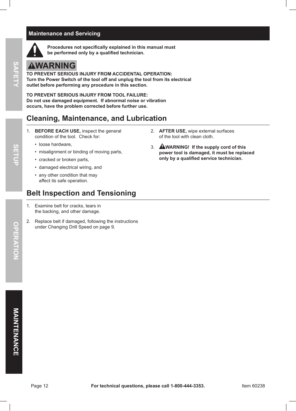 Cleaning, maintenance, and lubrication, Belt inspection and tensioning, Safety opera tion maintenance setup | Harbor Freight Tools Central Machinery 5 Speed Bench Drill Press with Work Light 60238 User Manual | Page 12 / 16