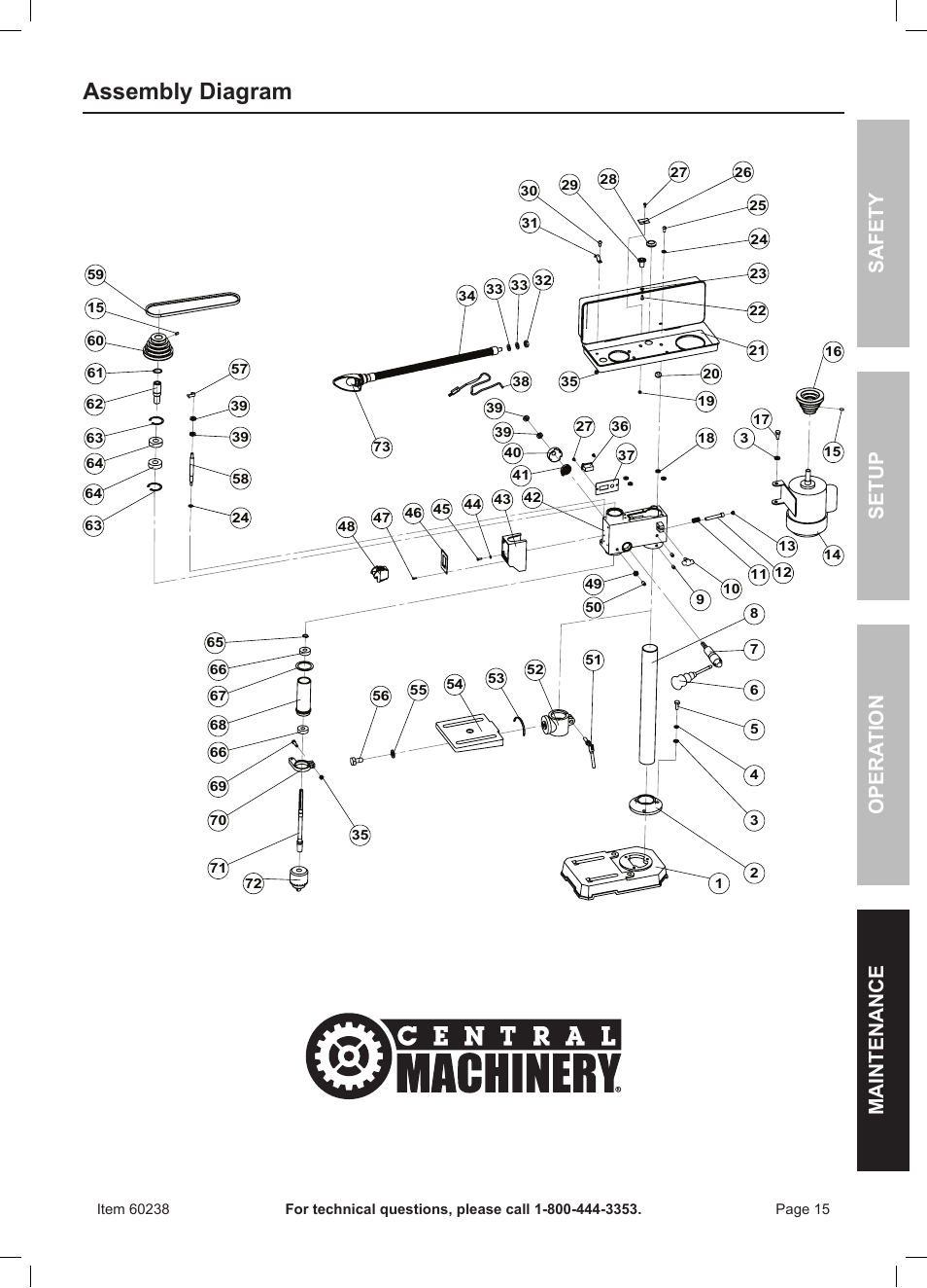 Assembly diagram, Safety opera tion maintenance setup | Harbor Freight Tools Central Machinery 5 Speed Bench Drill Press with Work Light 60238 User Manual | Page 15 / 16