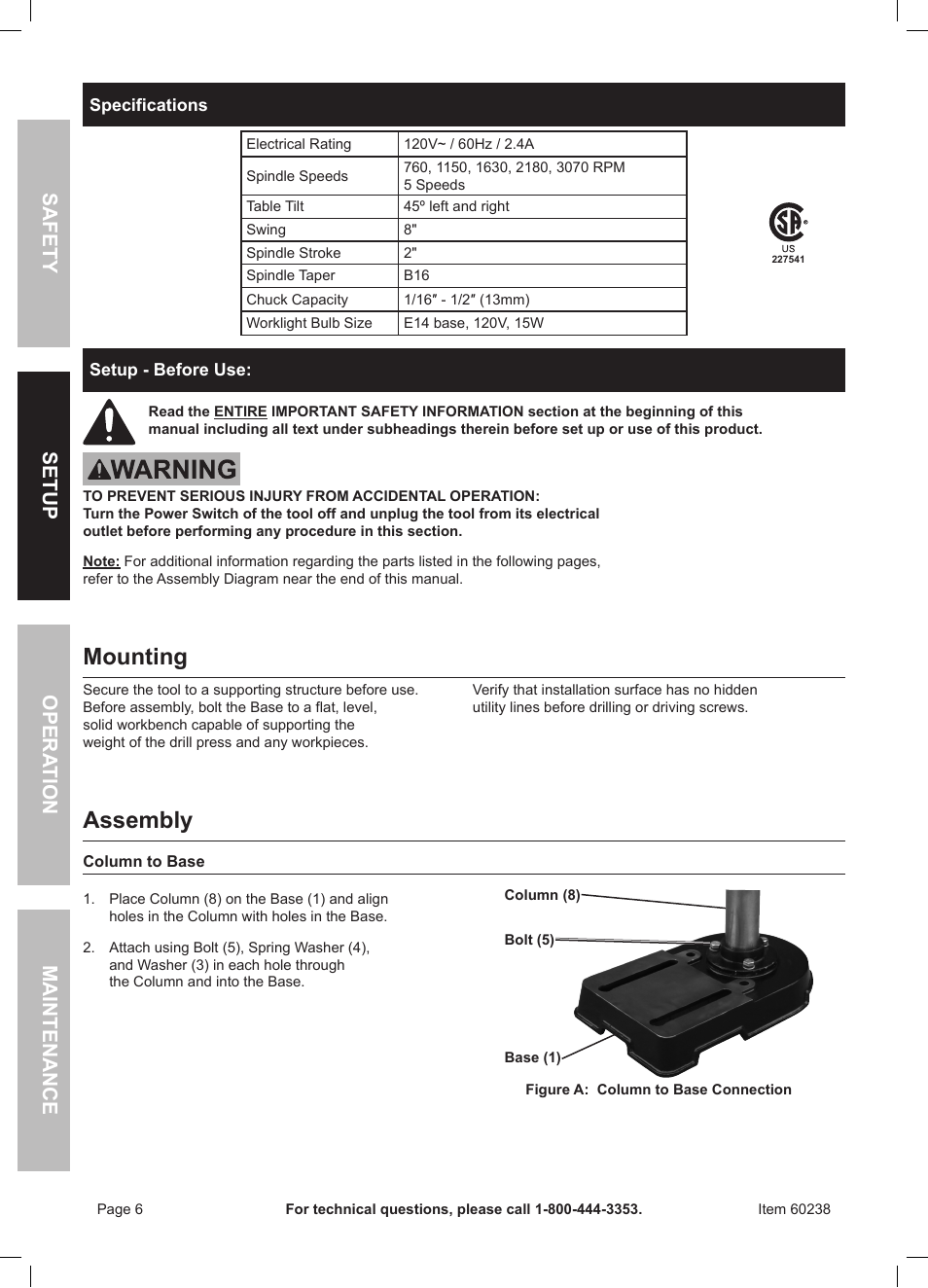 Mounting, Assembly, Safety opera tion maintenance setup | Harbor Freight Tools Central Machinery 5 Speed Bench Drill Press with Work Light 60238 User Manual | Page 6 / 16