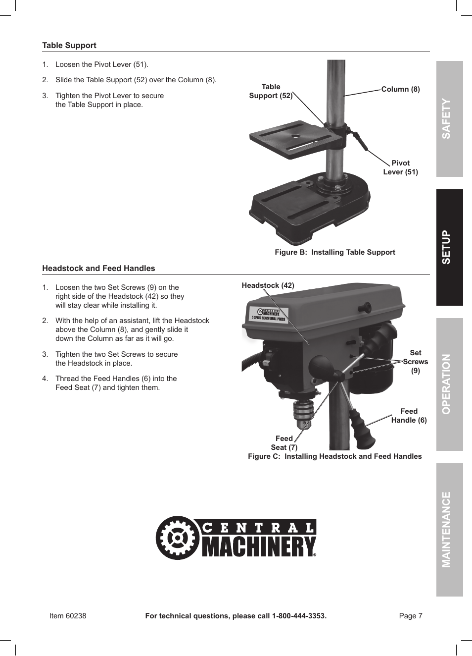 Safety opera tion maintenance setup | Harbor Freight Tools Central Machinery 5 Speed Bench Drill Press with Work Light 60238 User Manual | Page 7 / 16