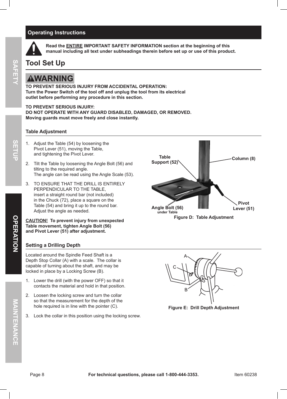 Tool set up, Safety opera tion maintenance setup | Harbor Freight Tools Central Machinery 5 Speed Bench Drill Press with Work Light 60238 User Manual | Page 8 / 16