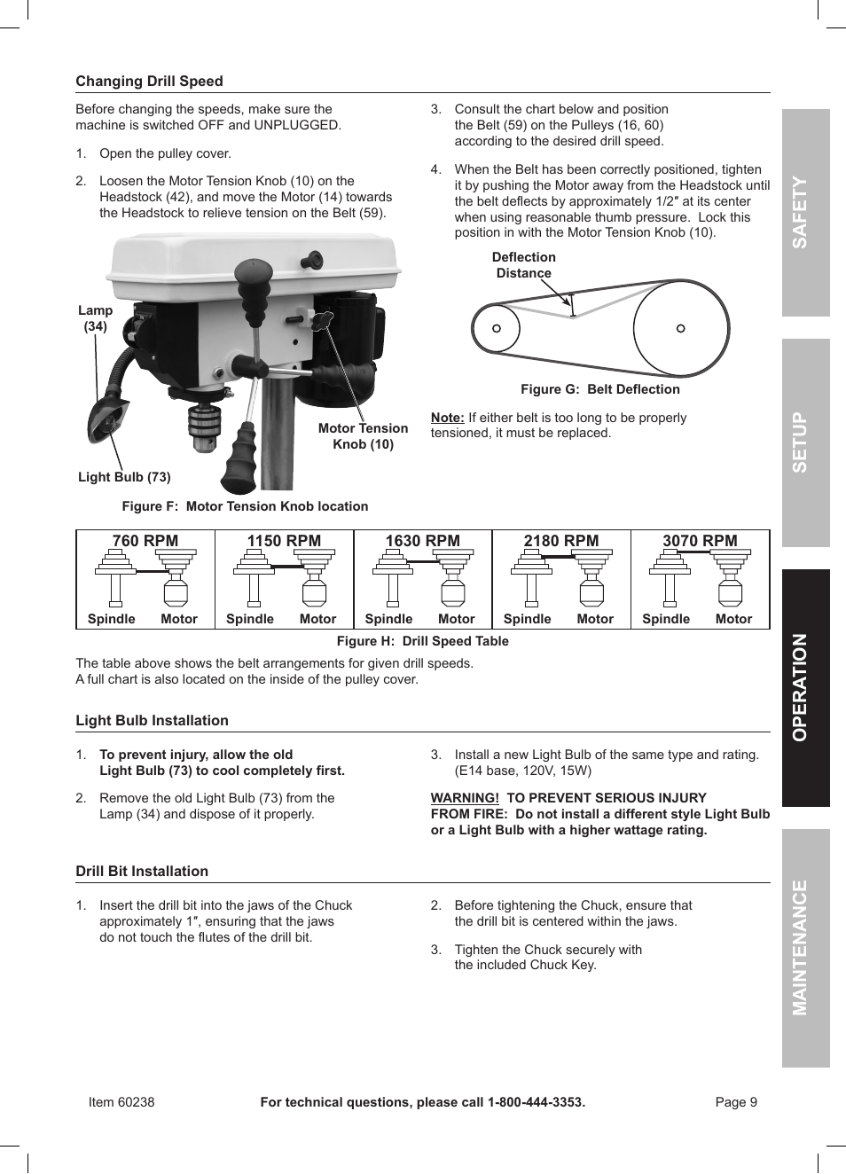 Safety opera tion maintenance setup | Harbor Freight Tools Central Machinery 5 Speed Bench Drill Press with Work Light 60238 User Manual | Page 9 / 16