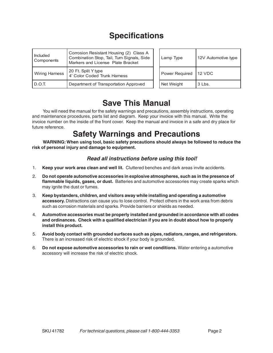 Specifications save this manual, Safety warnings and precautions, Read all instructions before using this tool | Harbor Freight Tools 41782 User Manual | Page 2 / 8