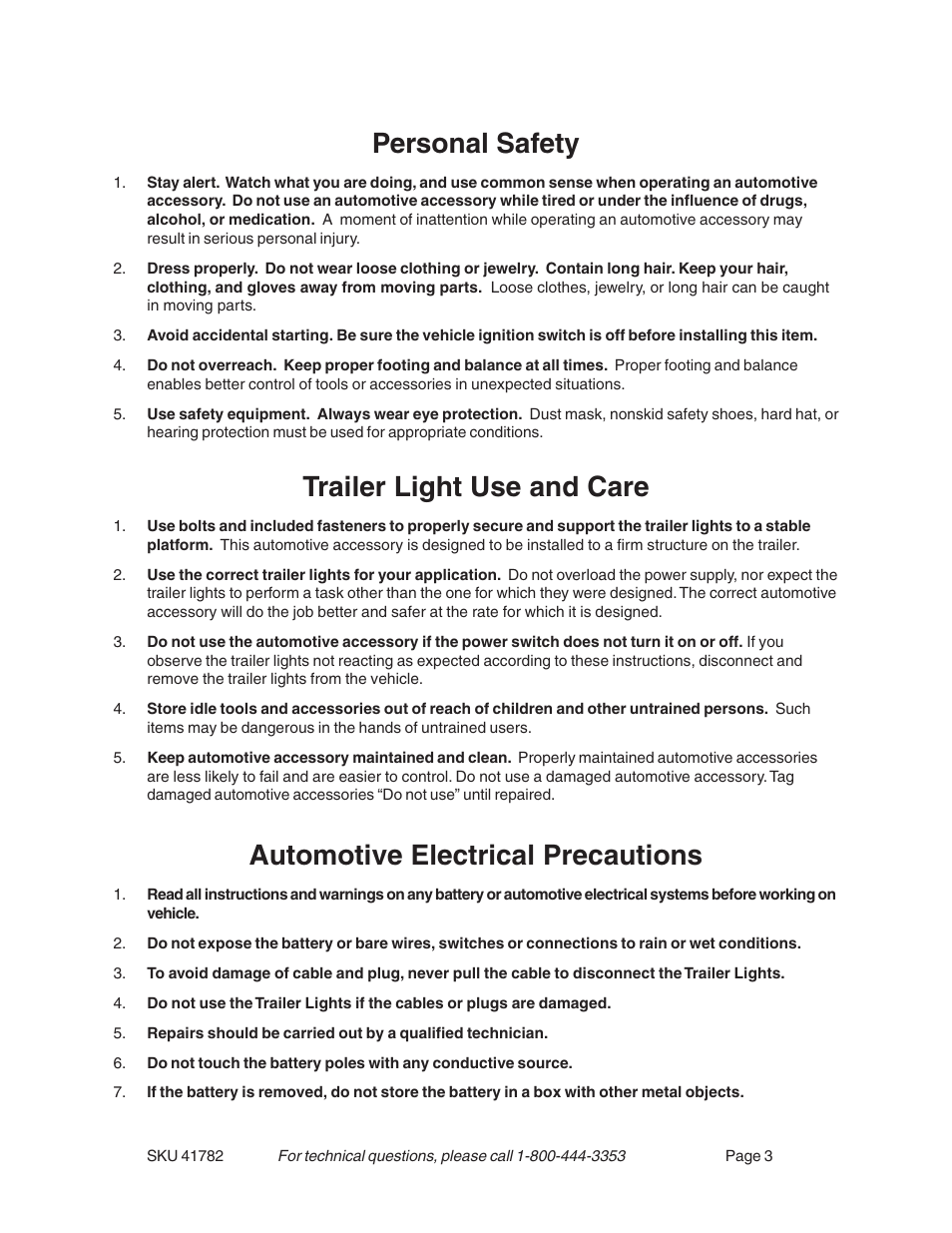 Personal safety, Trailer light use and care, Automotive electrical precautions | Harbor Freight Tools 41782 User Manual | Page 3 / 8