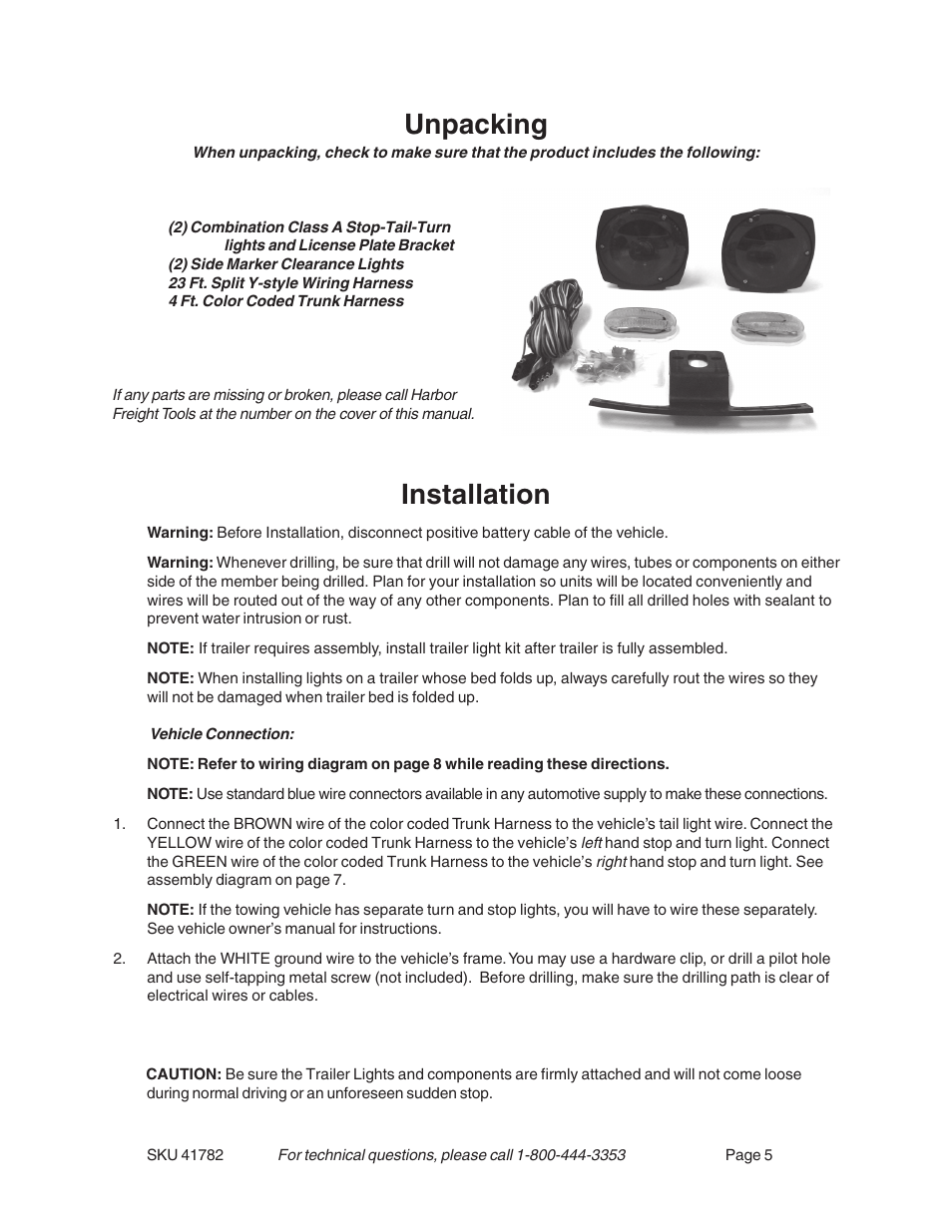 Unpacking, Installation | Harbor Freight Tools 41782 User Manual | Page 5 / 8