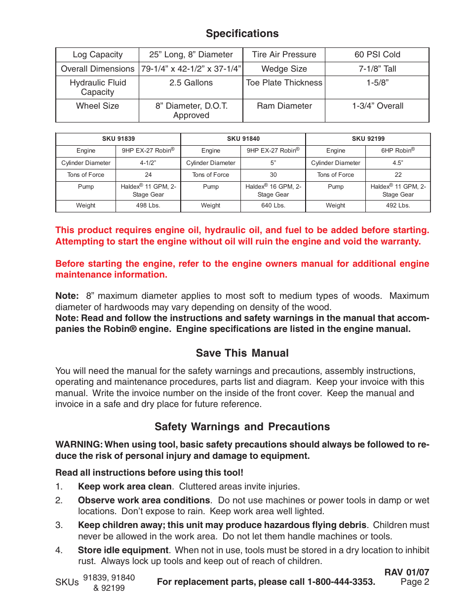 Save this manual, Safety warnings and precautions, Specifications | Rav 01/07 | Harbor Freight Tools 92199 User Manual | Page 2 / 12