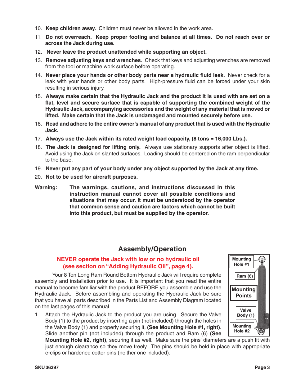 Assembly/operation | Harbor Freight Tools 36397 User Manual | Page 3 / 5