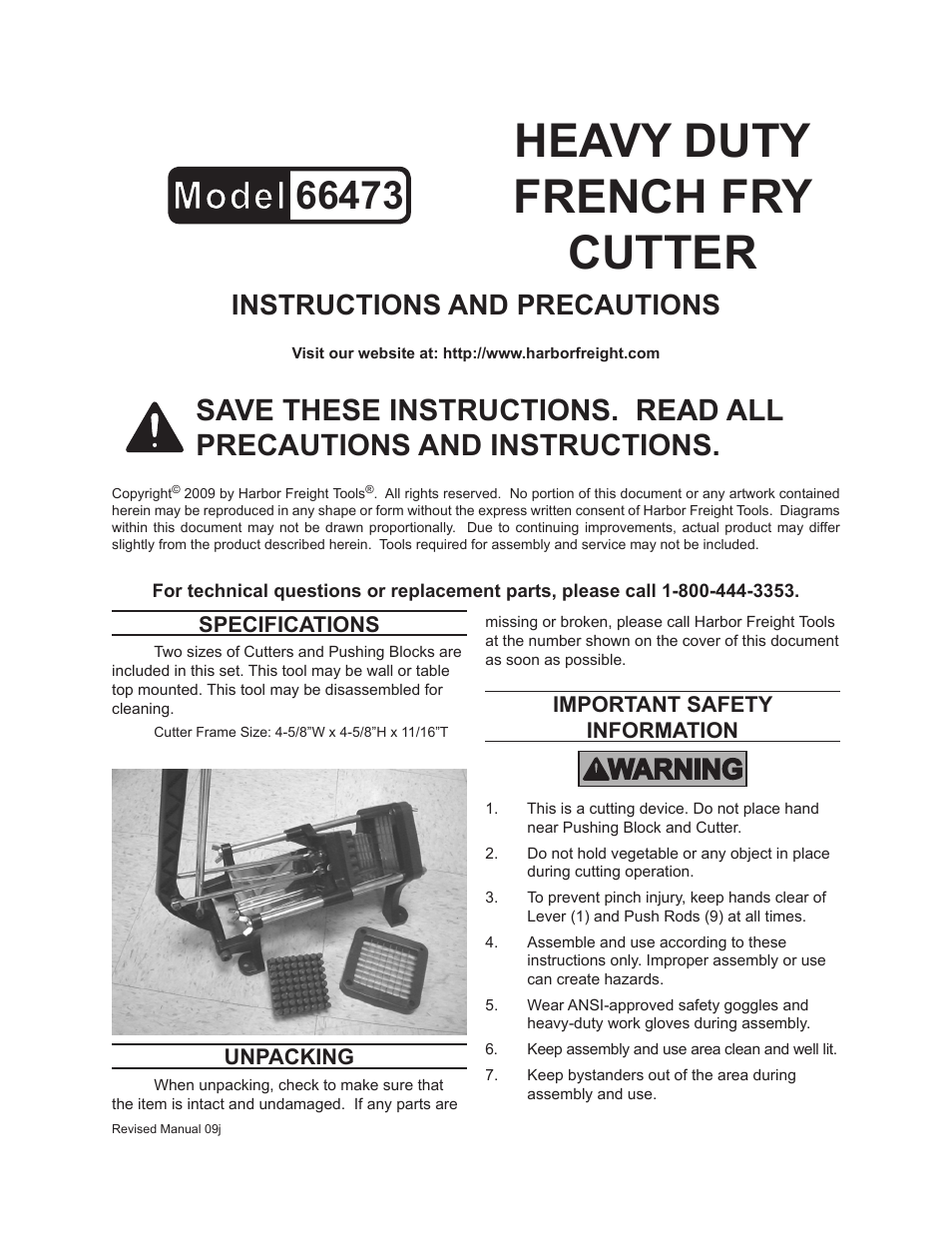 Harbor Freight Tools Heavy Duty French Fry Cutter 66473 User Manual | 4 pages