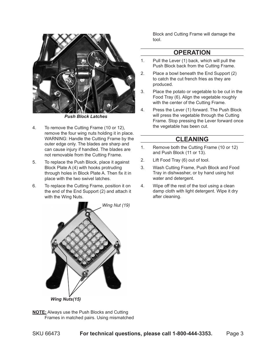 Operation, Cleaning | Harbor Freight Tools Heavy Duty French Fry Cutter 66473 User Manual | Page 3 / 4