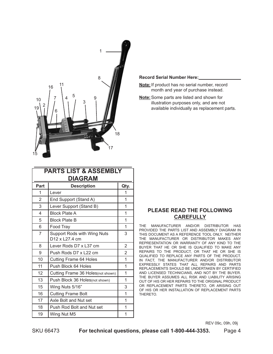 Parts list & assembly diagram | Harbor Freight Tools Heavy Duty French Fry Cutter 66473 User Manual | Page 4 / 4