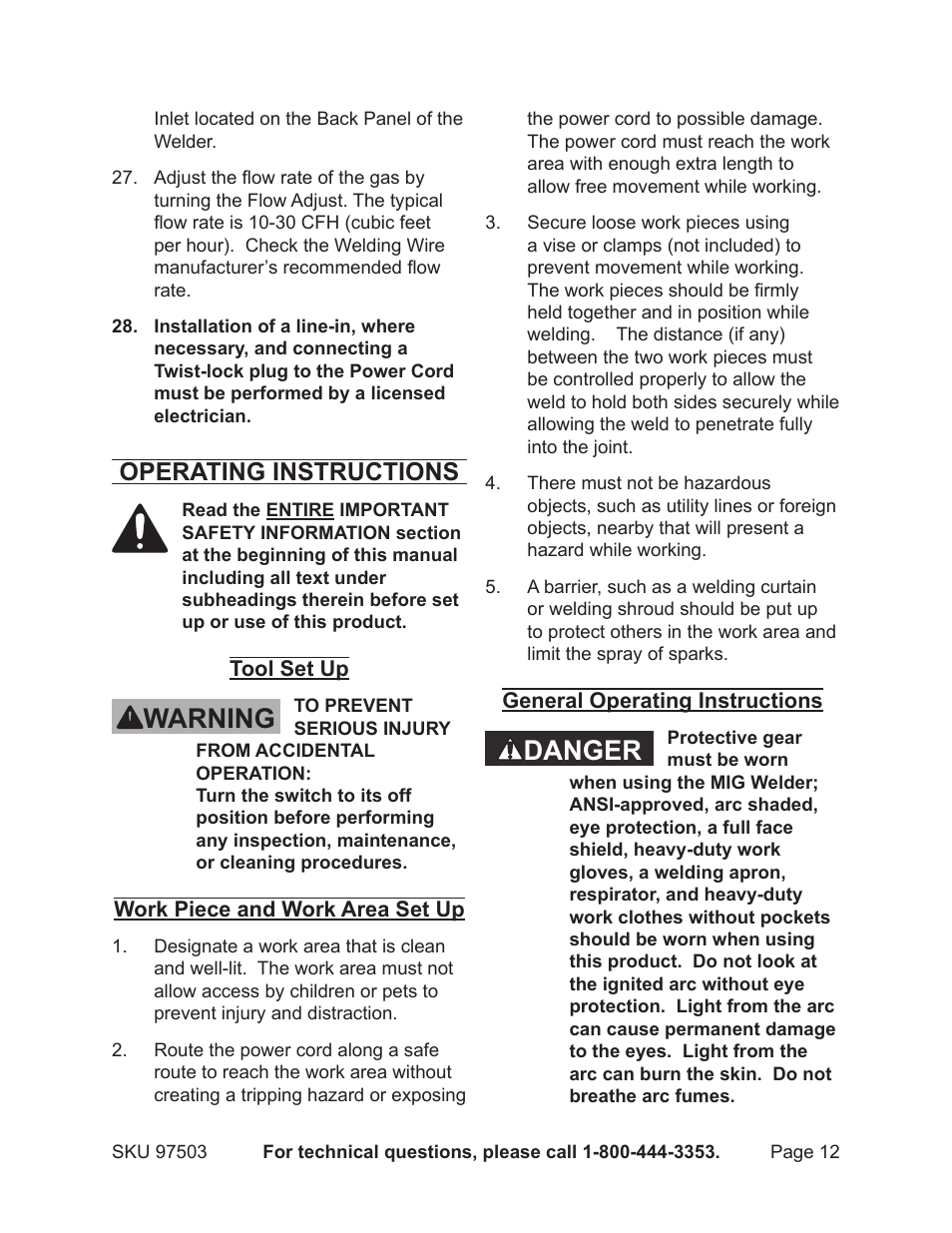 Warning danger, Operating instructions | Harbor Freight Tools 97503 User Manual | Page 12 / 21