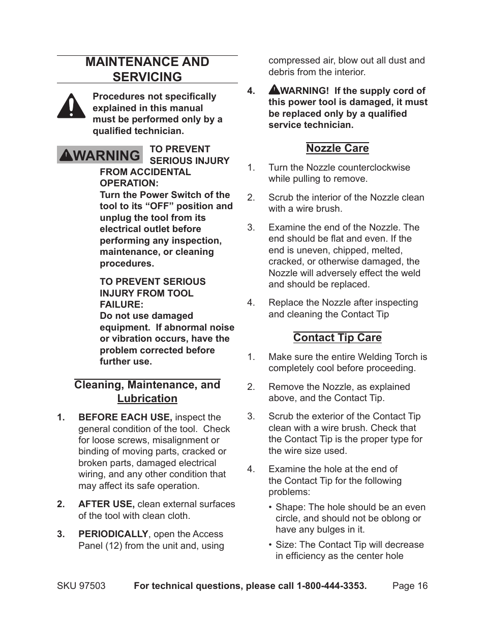 Warning, Maintenance and servicing | Harbor Freight Tools 97503 User Manual | Page 16 / 21