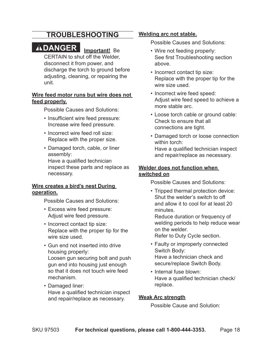 Danger, Troubleshooting | Harbor Freight Tools 97503 User Manual | Page 18 / 21