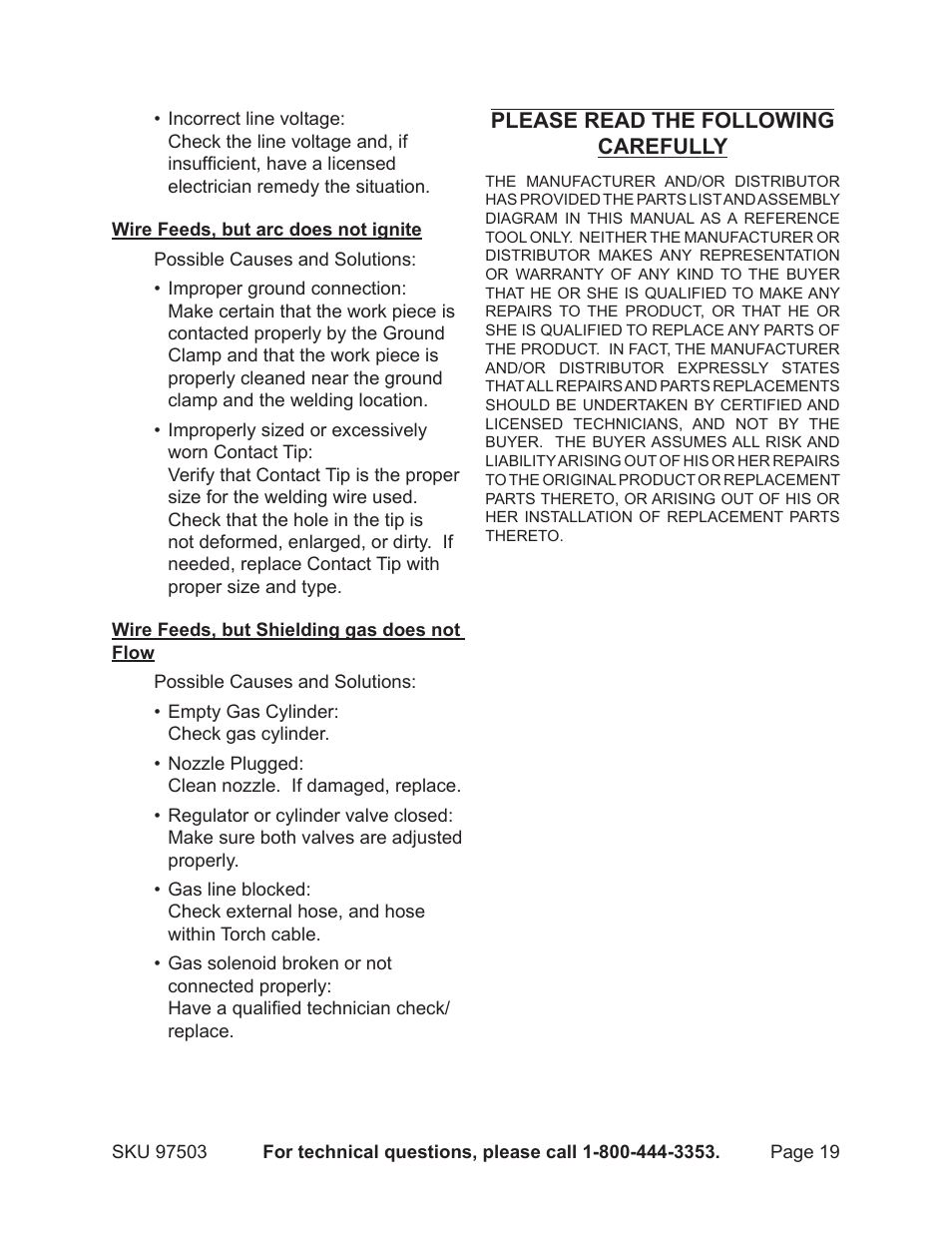 Please read the following carefully | Harbor Freight Tools 97503 User Manual | Page 19 / 21