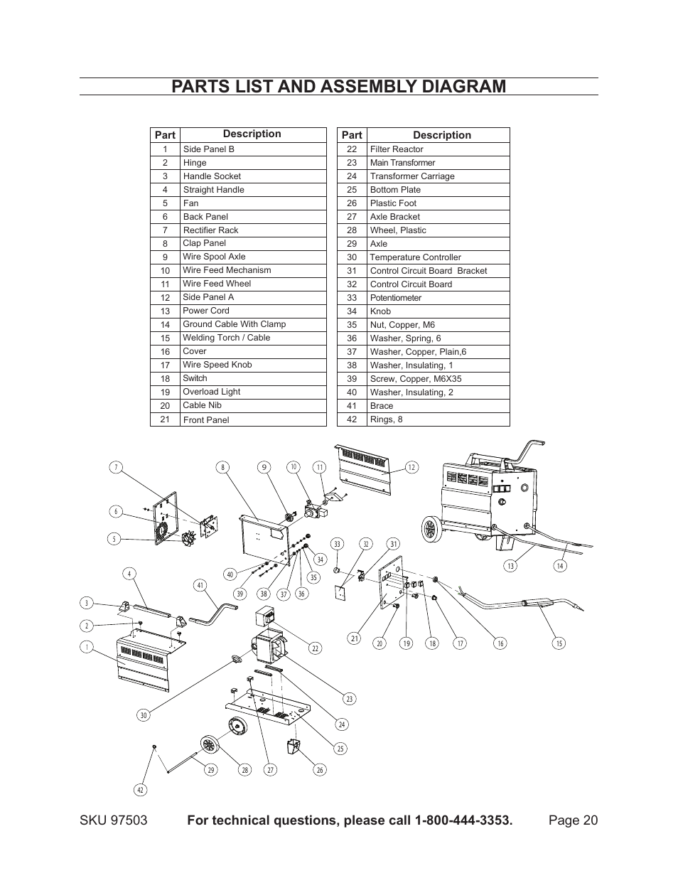 Parts list and assembly diagram, Parts list | Harbor Freight Tools 97503 User Manual | Page 20 / 21