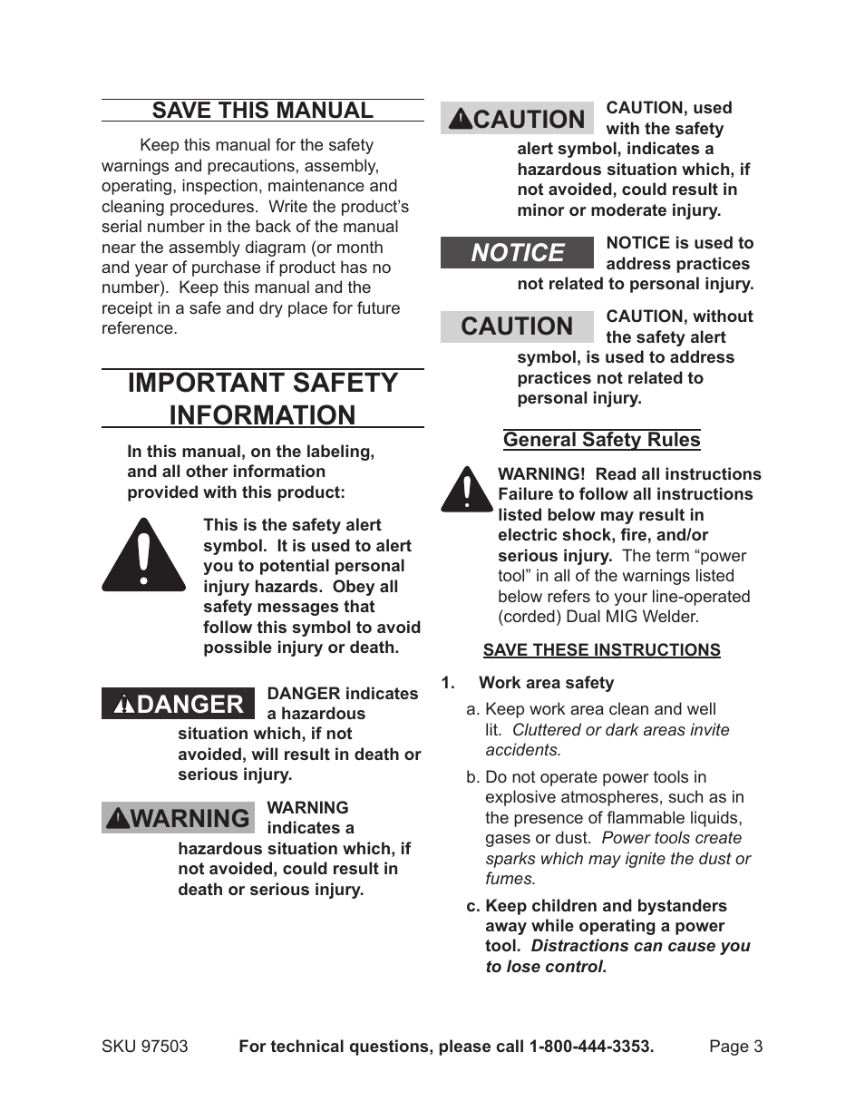 Important safety information, Danger warning caution notice caution, Save this manual | Harbor Freight Tools 97503 User Manual | Page 3 / 21