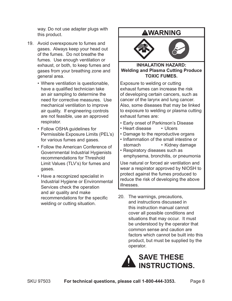 Save these instructions, Warning | Harbor Freight Tools 97503 User Manual | Page 8 / 21