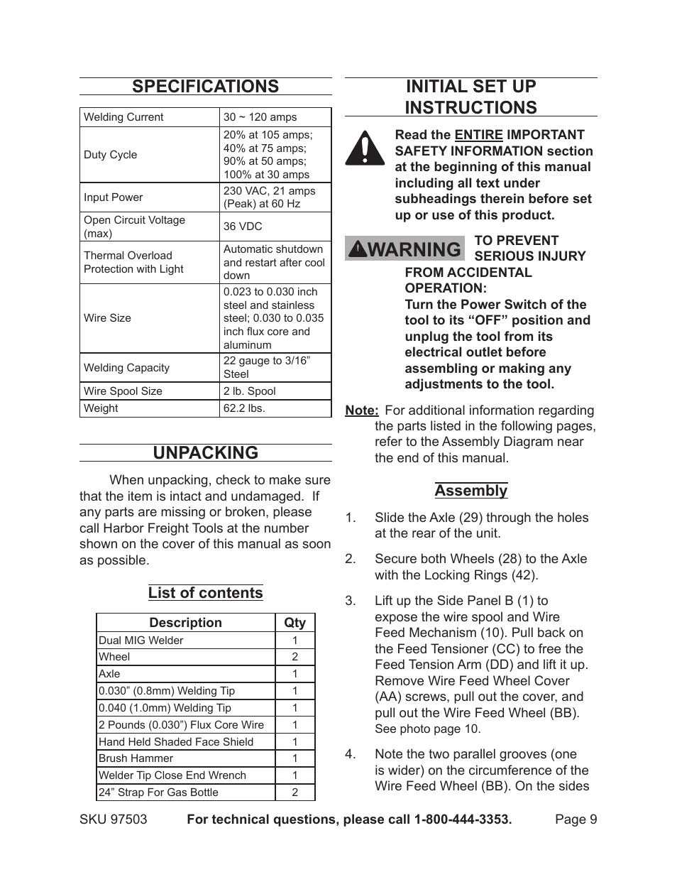 Warning, Specifications, Unpacking | Initial set up instructions, List of contents, Assembly | Harbor Freight Tools 97503 User Manual | Page 9 / 21
