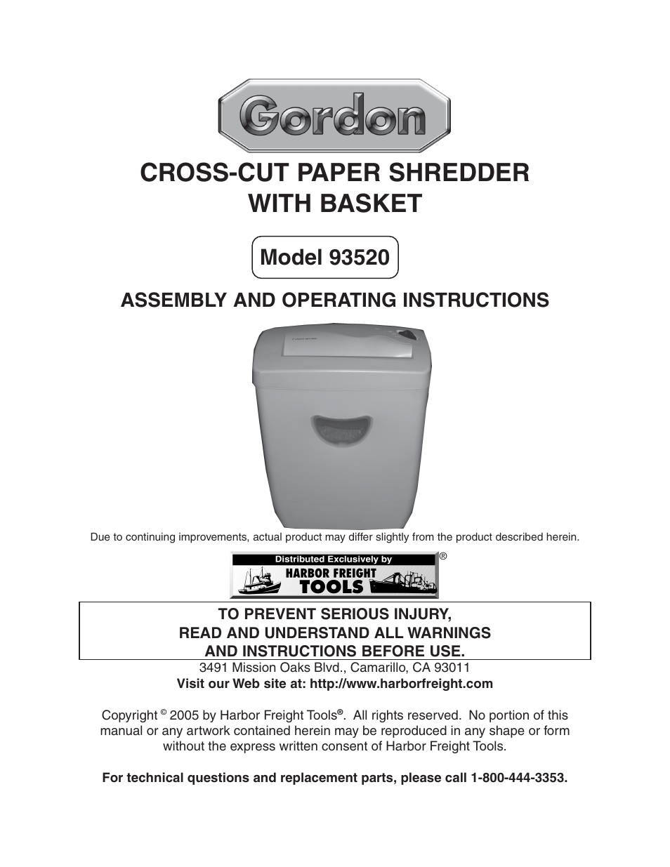 Harbor Freight Tools CROSS CUT PAPER SHREDDER WITH BASKET 93520 User Manual | 12 pages