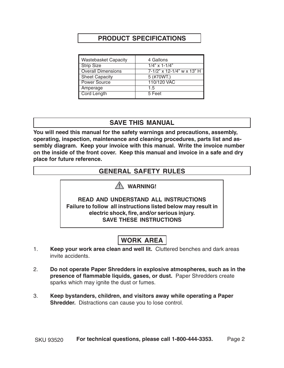 Product specifications save this manual, General safety rules, Work area | Harbor Freight Tools CROSS CUT PAPER SHREDDER WITH BASKET 93520 User Manual | Page 2 / 12