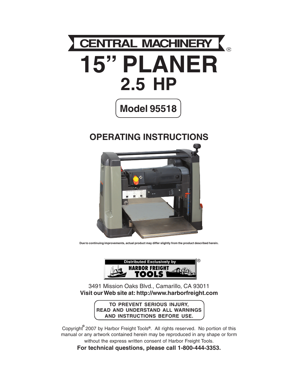 Harbor Freight Tools Central Machinery 15" Planer 2.5 HP 95518 User Manual | 25 pages