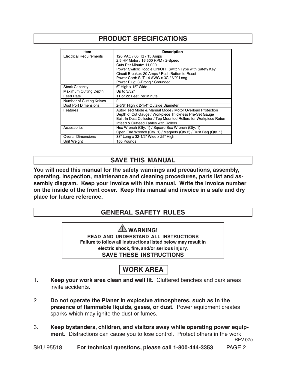 Product specifications save this manual, Work area general safety rules | Harbor Freight Tools Central Machinery 15" Planer 2.5 HP 95518 User Manual | Page 2 / 25