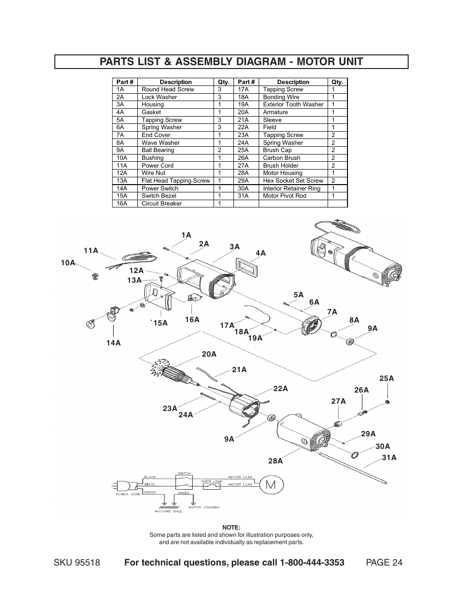 Parts list & assembly diagram - motor unit | Harbor Freight Tools Central Machinery 15" Planer 2.5 HP 95518 User Manual | Page 24 / 25