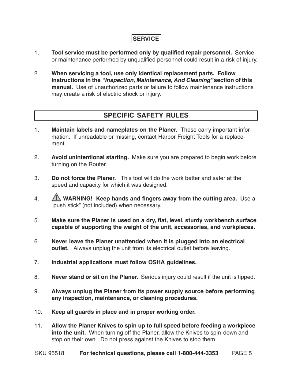 Harbor Freight Tools Central Machinery 15" Planer 2.5 HP 95518 User Manual | Page 5 / 25