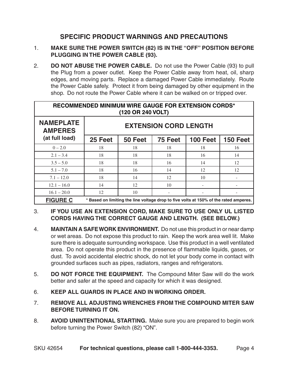 Specific product warnings and precautions, Nameplate amperes | Harbor Freight Tools 42654 User Manual | Page 4 / 18