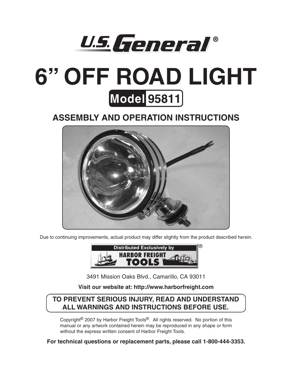 Harbor Freight Tools 6"OFF ROAD LIGHT 95811 User Manual | 7 pages