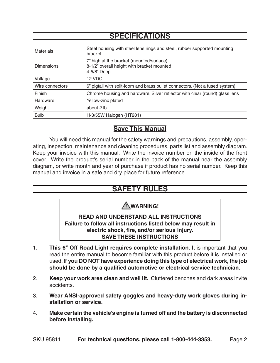 Specifications, Safety rules, Save this manual | Harbor Freight Tools 6"OFF ROAD LIGHT 95811 User Manual | Page 2 / 7