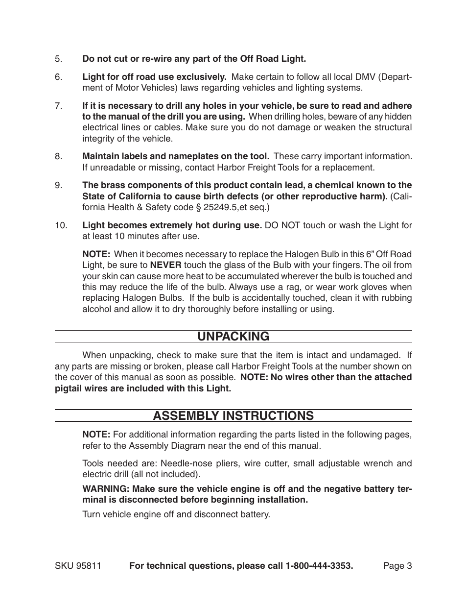 Unpacking, Assembly instructions | Harbor Freight Tools 6"OFF ROAD LIGHT 95811 User Manual | Page 3 / 7