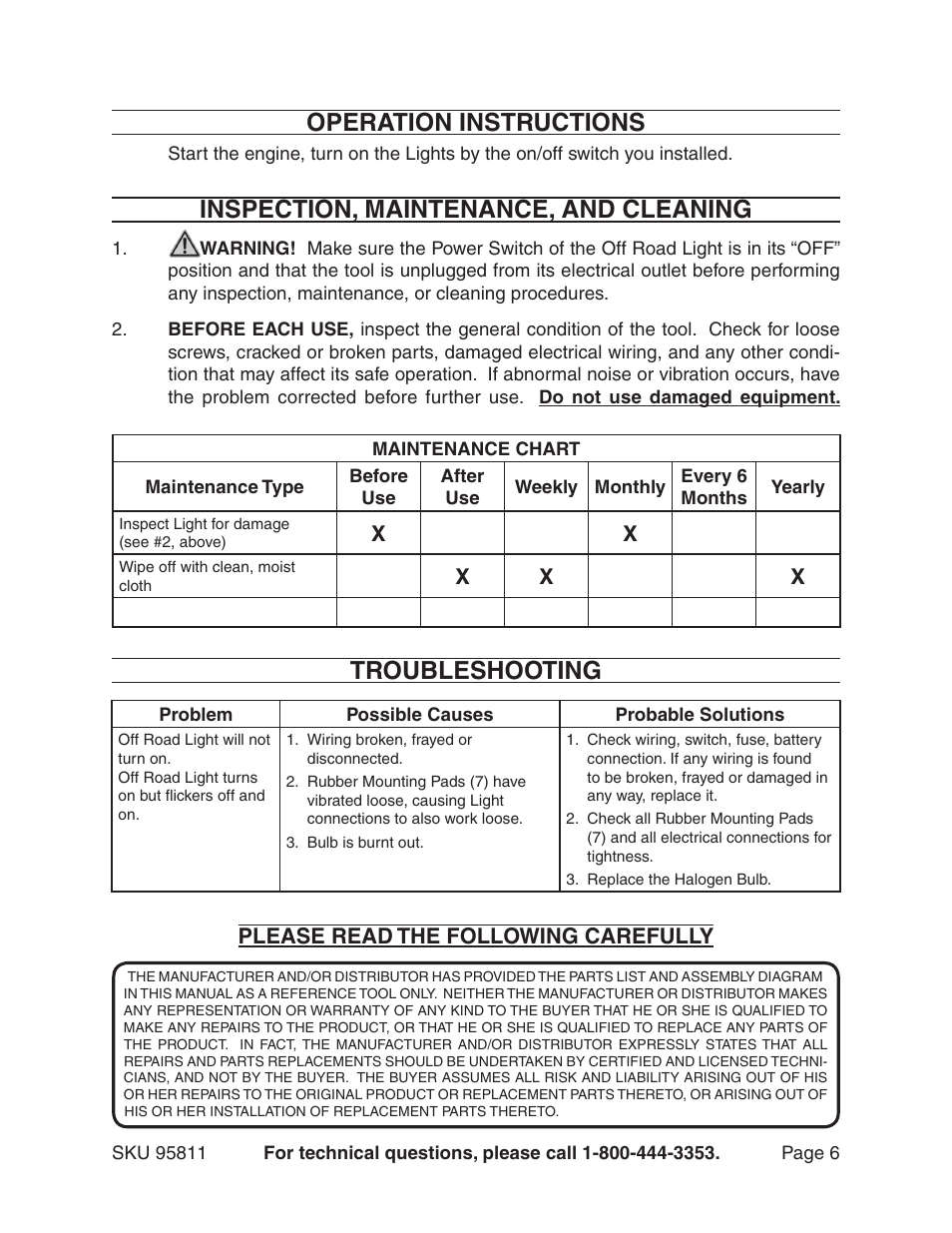 Operation instructions, Inspection, maintenance, and cleaning, Troubleshooting | Harbor Freight Tools 6"OFF ROAD LIGHT 95811 User Manual | Page 6 / 7