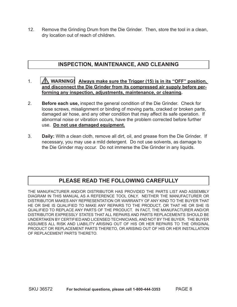 Inspection, maintenance, and cleaning, Please read the following carefully | Harbor Freight Tools 36572 User Manual | Page 8 / 10