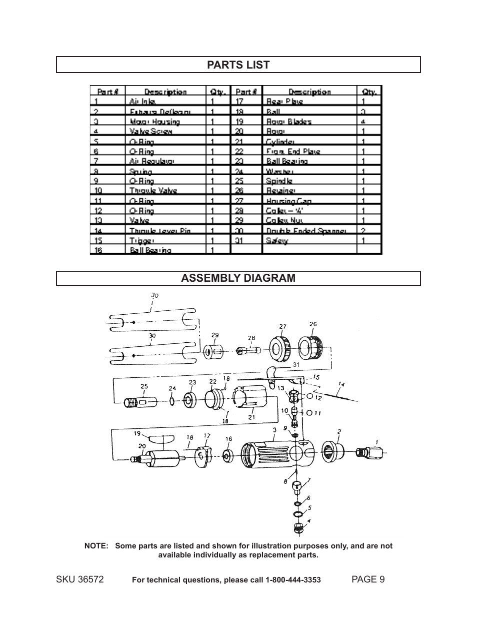 Parts list assembly diagram | Harbor Freight Tools 36572 User Manual | Page 9 / 10