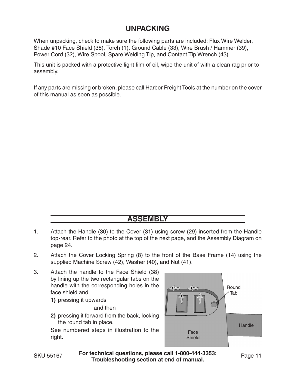 Assembly, Unpacking | Harbor Freight Tools 55167 User Manual | Page 11 / 28